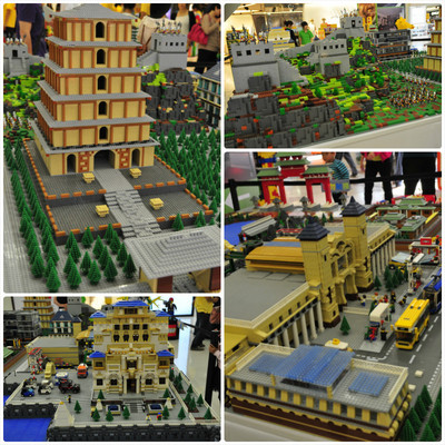 樂高積木拼成的大連自然博物館等大連地標模型，吸引了路人紛紛駐足欣賞。