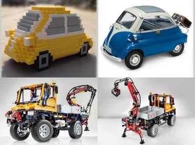 上圖為樂高按1:3比例拼搭的寶馬經(jīng)典微車 Isetta，下圖為樂高拼砌的奔馳 Unimog U 400工程車。